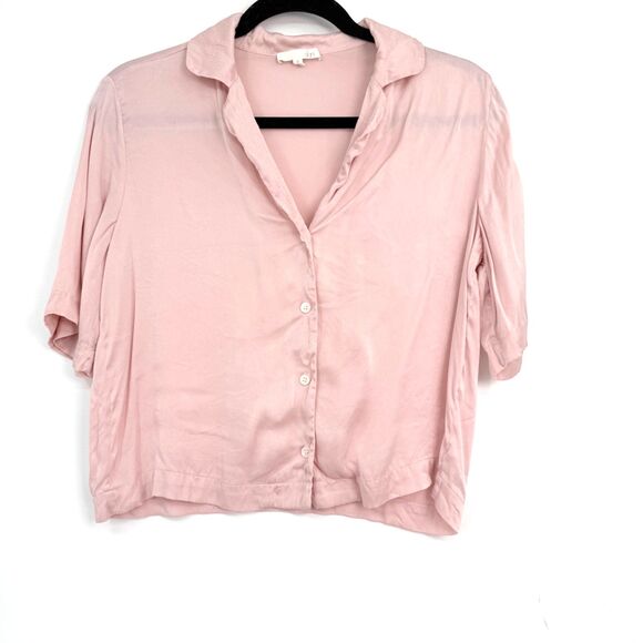 Skin Tops - Skin Worldwide Button Front Silk Top Women's 0/XS Short Sleeve Pink Quiet Luxury